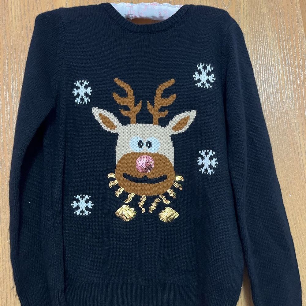 Girl’s Black Reindeer Sweater with Gold Accents
